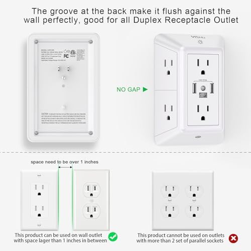 YISHU 3-Sided Surge Protector Power Strip – 6 Outlet Extender with 3 Fast-Charging USB Ports (1 USB-C) and Integrated Night Light – ETL Listed for Superior Safety and Compatibility – Ideal for Home and Office Use – Compact Design for Efficient Space Utilization