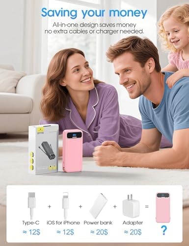 Ultra-Compact 12000 m Ah Power Bank with Built-in Charging Cables & AC Plug – 20 W PD Fast Charging for i Phone, Samsung, Android, USB-C Devices – Travel-Friendly External Battery Pack in Purple – Unmatched Portability and Efficiency for On-the-Go Charging Solutions
