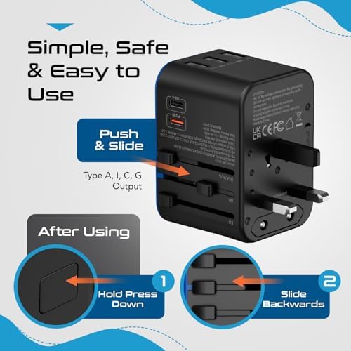 Ultimate Universal Travel Adapter: 35 W Fast Charging Power Converter with PD & QC 3.0, Dual USB-C & Triple USB Ports for Seamless Global Connectivity – Compatible with Type A, C, G, I Outlets for Effortless Charging Across EU, US, UK & Beyond – Perfect Travel Companion for Modern Explorers