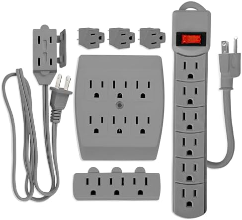 Comprehensive 7-Piece Multi-Outlet Power Management Kit – Versatile 6 Outlet Power Strip, Dual Outlet Extenders, 5 Ft Indoor Extension Cord & 3 Prong Adapters for Enhanced Compatibility – Essential Home & Office Surge Protection Solution in Sleek White Design