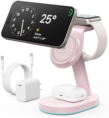 Ultimate 3-in-1 Wireless Charging Station for i Phone, Apple Watch, and Air Pods – Qi2 Certified 15 W Magnetic Charger with 30 W USB-C Adapter & Integrated Night Light – Streamlined Design for i Phone 16/15/14/13/12 – Superior Speed and Enhanced Compatibility for Modern Tech Users