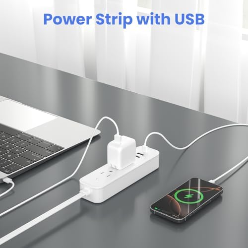 Versatile 5 FT Flat Socket Extension Cord with Surge Protection: 2 AC Outlets, 1 USB C & 2 USB A Ports – Ideal Multi-Device Charger for Home, Dorm, Office, and Travel – Compact Power Strip for Effortless Charging and Enhanced Safety