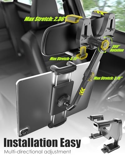 Universal 360° Rotatable Car Rear View Mirror Tablet Holder – Secure Phone Mount for i Pad Pro 12.9, Galaxy Z & 4-13” Devices – Enhanced Viewing & Safety for SUVs and Trucks – Effortless Installation & Versatile Adjustment