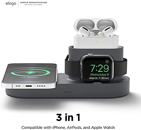 elago Mag Safe Multi-Device Charging Hub – Streamlined Charging Station for i Phone 16/15/14/13/12, Air Pods Series 4/Pro 2/Pro/3, and All Apple Watch Models – Sleek Dark Gray Finish for Effortless Organization and Rapid Power-Up (Cables Not Included)