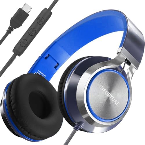 Transform Your Sound Experience with INFURTURE USB-C Over-Ear Headphones – Ultra-Lightweight, Foldable Design with Integrated Mic & Volume Control for Seamless Use with i Phone 15/16 and USB-C Devices – Perfect for Travel, Sports, and Audiobooks in Chic Green-Gray