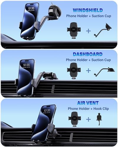 Universal Car Phone Holder with Super Suction Technology – Versatile Mount for Dashboard, Windshield, and Air Vent – Compatible with i Phone 16/15/14/13/12 Pro Max, Samsung & Android Smartphones – Hands-Free Convenience for Safe Navigation and Calls