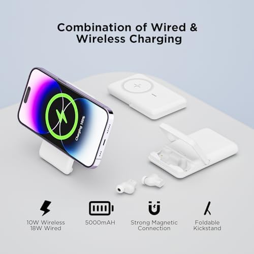 Ultimate PEGY 4 in 1 Power Bank: Fast Charging 5000 m Ah, Magnetic Wireless Charger, Foldable Phone Holder & Wireless Headset – Perfect Companion for i Phone 15/14/13/12 Series, Enhance Your On-the-Go Efficiency and Connectivity