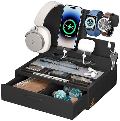 Pezin & Hulin Wooden Charging Station, Bedside Nightstand Tray, with Spacious Drawer, Felt Pads for Phones, Watch, Idea Gifts for Him Birthday, Son, Christmas for Papa Fathers Day – Enhanced Compatibility and Speed