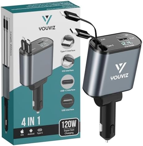 Versatile 4-in-1 Retractable Car Charger with Dual USB Ports – Fast Charging Solution for i Phone 16/15/14/13/12 & Android Devices – Compact Design with Tangle-Free Dual Retractable Cords (2.6 ft) – Perfect for Road Trips & Daily Commutes – Enhanced Compatibility for Samsung, Pixel & More