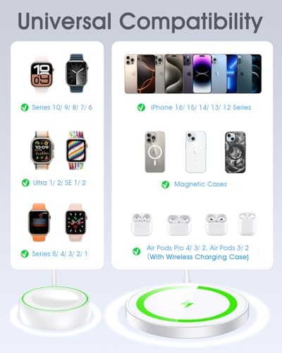 Magnetic 2-in-1 Wireless Charger for Apple Watch & i Phone – Fast USB-C Charging Station Compatible with Apple Watch Ultra/SE/Series 2-10 & i Phone 12-16 Models – Compact & Portable Design for Effortless Power Anywhere – Enhanced Safety Features & Strong Magnetic Alignment