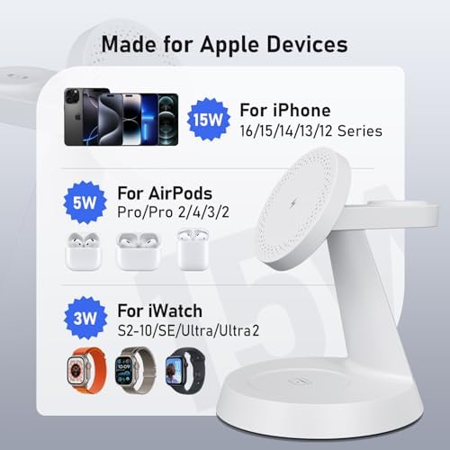 Sleek Pink 3-in-1 Wireless Charging Station for Apple Devices – 15 W Mag Safe Fast Charger Stand for i Phone 16/15/14/13/12, Air Pods & i Watch – Magnetic Alignment for Effortless Power-Up & Clutter-Free Workspace