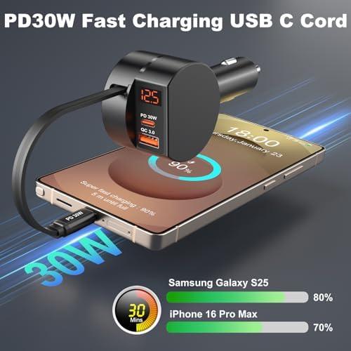 OKRAY 78 W Retractable USB C Car Charger with Coiled Cable – Fast PD30 W Charging for Samsung Galaxy S25, S24, A16 & i Phone 16, 15 Pro Max – Multi-Port 12 V Cigarette Lighter Adapter for Seamless Travel Power Solutions