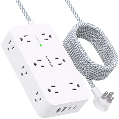 HANYCONY 12-Outlet Power Strip Surge Protector with 4 USB Ports (2 USB-C) – 6 ft Flat Extension Cord with 1800 J Surge Protection, Wall-Mountable Charging Station for Home, Office, and Dorm Room – Ultimate Device Connectivity and Fast Charging Solutions