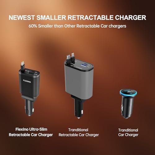 Ultra-Slim Flexino Retractable Car Charger – 57 W Fast Charge for i Phone 16/15, Galaxy, Pixel – Dual USB-C Ports for Concurrent Charging – Compact & Tangle-Free Design – Essential Travel Accessory for Seamless Connectivity