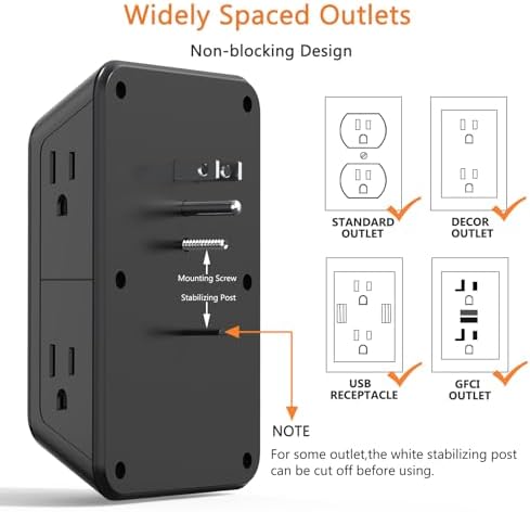 Advanced USB Wall Charger Power Strip Surge Protector with 4 USB Ports (2 USB-C) – Multi Outlet Adapter for Home, Office, and Travel, White (Black) – Unmatched Speed and Safety for Modern Devices