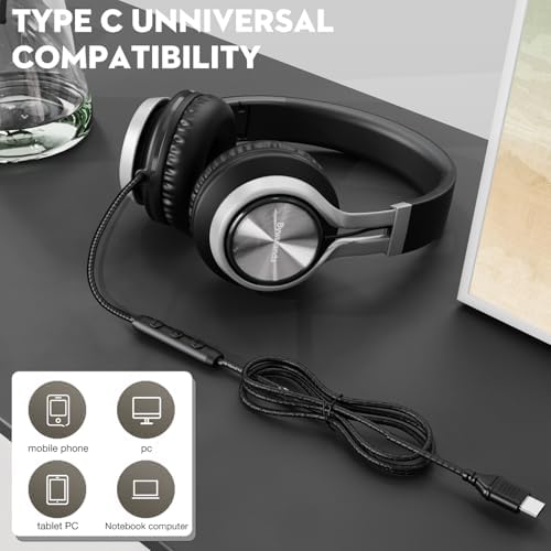 Ultimate USB C Over-Ear Headphones with Enhanced Noise Isolation and Built-In Microphone – Superior Stereo Audio for i Phone 15/16 Pro, Laptops, and Tablets – Perfect Travel Buddy in Striking Blue/Black Finish