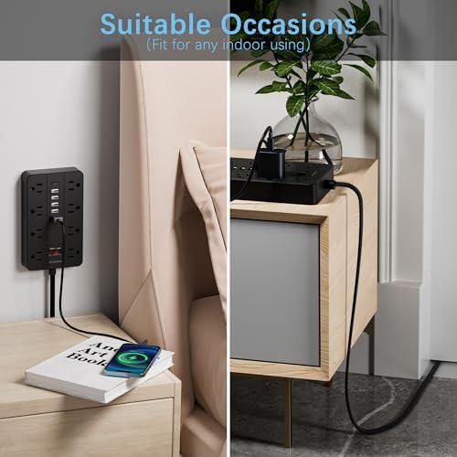 HUNIAN 5 Ft Flat Plug Power Strip with 8 Outlets and 6 USB Ports, Including USB-C Charger – Ultimate Surge Protector for Efficient Home and Office Charging Solutions, Compact Design for Desk and Travel Use, Black