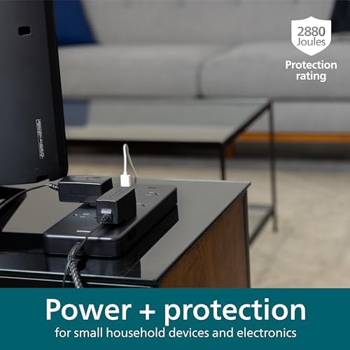 Philips EZFit Surge Protector with 3 Outlet Power Strip and 6 ft Braided Cord – Enhanced Charging Station Featuring 2 USB-A and 1 USB-C, 490 Joules of Surge Protection, Space-Saving Design in Sleek White for Home and Office Use