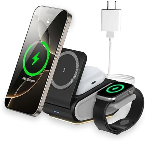 Ultimate 4-in-1 Wireless Charger for i Phone, Air Pods Pro 2, and Apple Watch – Foldable Travel Charging Station with Mag Safe Technology for Enhanced Compatibility and Fast Charging, Featuring Innovative Pop-Up Design and Adjustable Night Light for Convenient Multi-Device Use