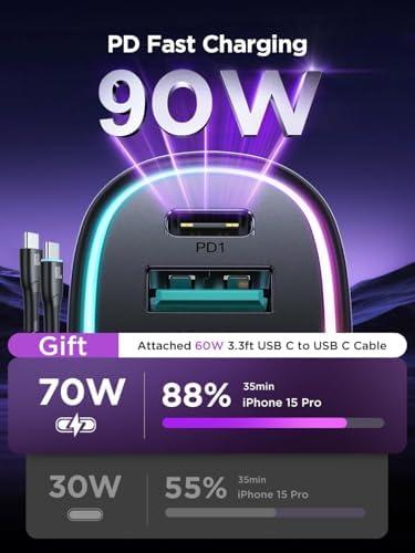 90 W 4-Port USB C Car Charger for i Phone 16/15/14/13/12 Pro Max – Fast Family Travel Charging Solution – Sleek Pink Cigarette Lighter Adapter for Multiple Devices – Ultimate On-the-Go Power for Road Trips and Adventures