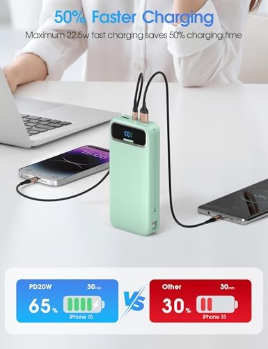 Ultra-Compact 12000 m Ah Power Bank with Built-in Charging Cables & AC Plug – 20 W PD Fast Charging for i Phone, Samsung, Android, USB-C Devices – Travel-Friendly External Battery Pack in Purple – Unmatched Portability and Efficiency for On-the-Go Charging Solutions
