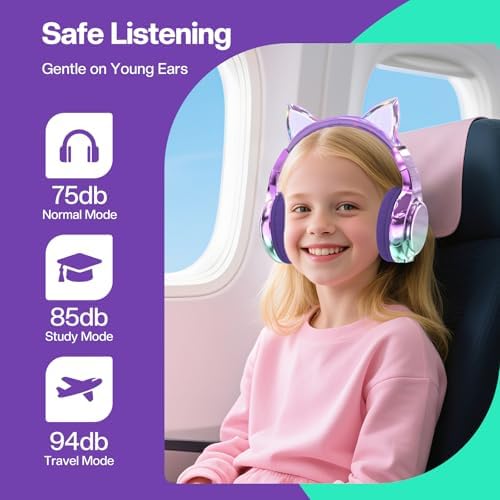 Elevate Your Child’s Listening Experience with Qear Fun Purple Cat Ear Bluetooth Headphones – 60 Hours of Playtime, Safe Volume Control (74/85/94 d B), Ultra-Portable Foldable Design, Advanced Bluetooth 5.3 Connectivity, and Built-in Mic for Girls – Perfect for School, Travel, and On-the-Go Fun