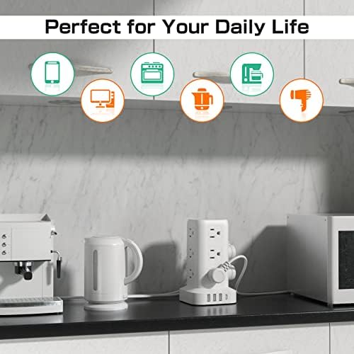 Elevate Your Charging Efficiency with the 12-Outlet Tower Surge Protector Power Strip – 6.5 Feet Extension Cord, 4 USB Ports Including USB-C, Compact Charging Station for Office and Home, Enhanced Surge Protection for Ultimate Device Safety