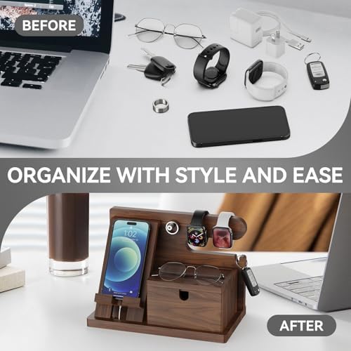 Walnut Wood Phone Docking Station with Wireless Charging, Nightstand Organizer for Men & Women, Compatible with iPhone/Samsung/Apple Watch/AirPods, Gifts for Dad, Husband, Anniversary, Birthday – Enhanced Compatibility and Speed