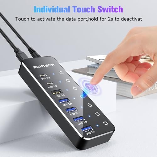Maximize Your Device Connectivity with the RSHTECH 7-Port Powered USB 3.2 Hub – Lightning-Fast 10 Gbps Transfers, Individual Control Switches, and 3.3 ft Cable for Effortless Multi-Device Management – Perfect USB Hub Splitter for Laptops and PCs – Essential High-Performance Accessory for Home and Office Efficiency