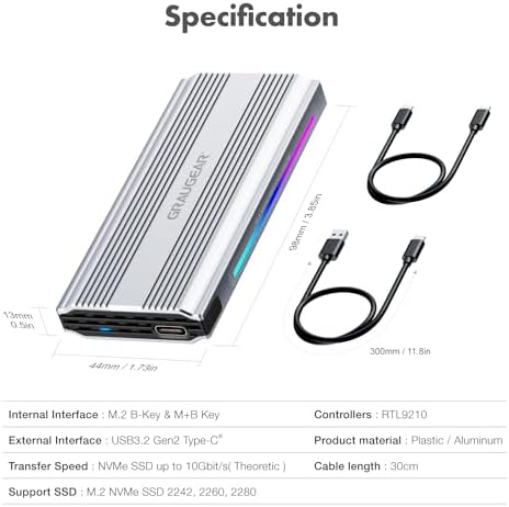 GRAUGEAR RGB M.2 SSD Enclosure – Ultra-Fast 10 Gbps USB3.2 Gen2 Tool-Free Aluminum External NVMe Drive Case for PCIe M-Key & B+M Key SSDs – Stylish High-Speed USB-C Storage Solution with Customizable Lighting for Gamers and Creators