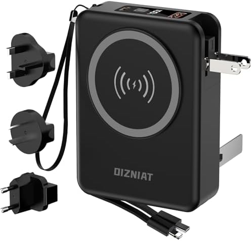 10000 m Ah Mag Safe-Compatible Portable Charger Power Bank – 22.5 W Fast Charging Travel Essential with Built-in USB-C & Lightning Cables – 5-in-1 Wireless Charging Solution for i Phone, Android, and Samsung Devices