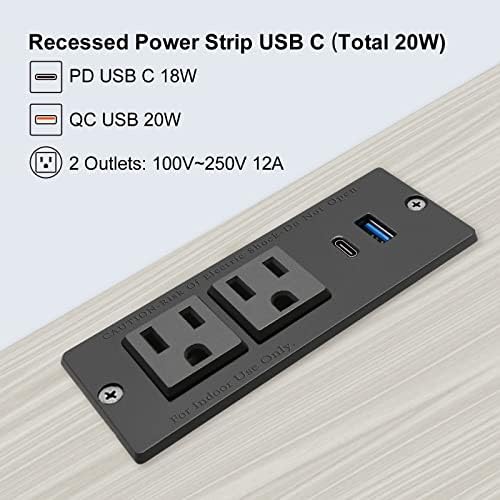 Recessed USB C Power Station for Fast Charging: 2 Outlets & 2 USB Ports (PD20 W & QC18 W) – Space-Saving Desktop Power Strip with Flat Plug for Easy Mounting on Desks, Sofas, Cabinets, and Nightstands (Sleek Black Finish) – Optimal Power Supply Solution for Home & Office Use