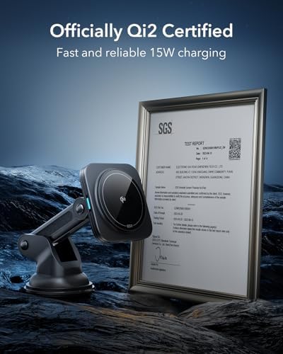 Revolutionize Your Drive with the ESR Qi2 15 W Mag Safe Car Mount Charger – Effortless Fast Wireless Charging for i Phone 12-16 & S25, Secure Magnetic Hold for Dashboard/Windshield, Stylish Black Design, Ultimate Convenience and Enhanced Compatibility