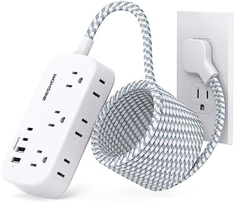 BESHON 5 FT Flat Plug Power Strip with 6 Outlets and 4 USB Ports – Ideal Travel Companion for Dorm Rooms and Cruise Ships, Space-Saving Design for Enhanced Accessibility and Fast Charging