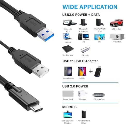 4 Pack High-Speed USB A to Micro B Cable with Dual Power Y Functionality – 20-Inch Micro USB 3.0 Splitter for Reliable Data Transfer up to 5 Gbps – Includes USB to USB C Adapter for Enhanced Device Compatibility and Versatile Use with External SSDs and Laptops