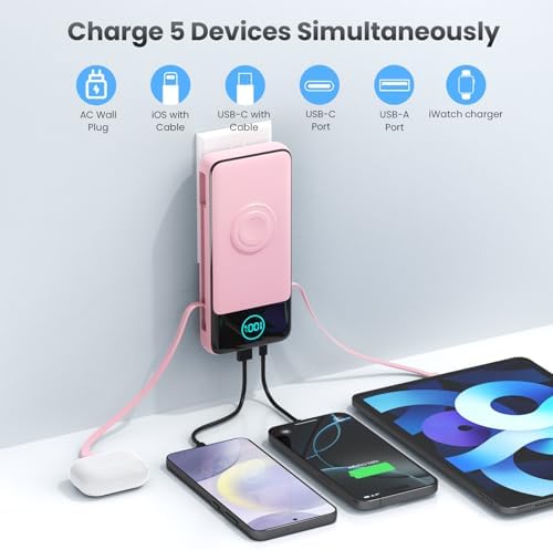 26800 m Ah Ultra-High Capacity Portable Charger with Built-in Cables & AC Wall Plug – 6-in-1 USB-C Power Bank for Fast Charging of i Phone 16/15/14/13/12, Android Devices & Apple Watch – Charge 5 Devices at Once with 25 W PD & Quick Charge Technology – Ideal for Travel, Camping, and Daily Use – Advanced Safety Features for Optimal Performance