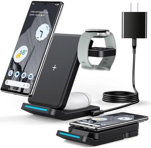 Innovative Foldable Wireless Charging Station for Google Pixel Watch 3 & 2 – 3-in-1 Fast Charger with Enhanced Compatibility for Pixel 9 Pro/9 XL/9 a/8 Pro/8/7/6 & Pixel Buds Pro 2 – QC Adapter Included for Optimal Speed and Convenience – Ultimate Travel-Friendly Design with Adjustable Angles and Space-Saving Portability – Experience Efficient Charging with Vertical and Horizontal Support – Perfect for Home, Office, and On-the-Go Use – Ideal Gift for Tech Enthusiasts Seeking Reliable Performance