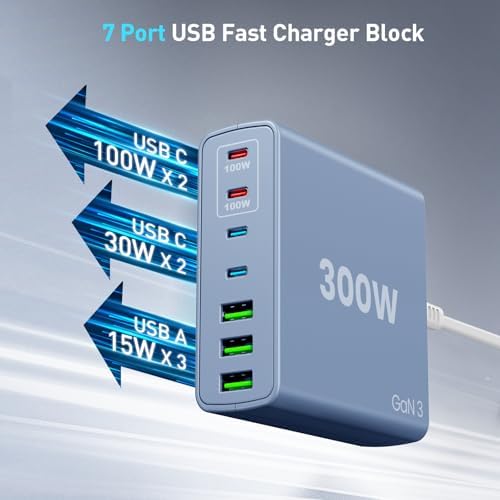Power Up Efficiently: 300 W 7-Port USB-C Fast Charger Station – Dual PPS PD 100 W Laptop Power Adapter for Multi-Device Charging – Compact & Reliable Wall Hub in Blue – Perfect for Home & Office Use