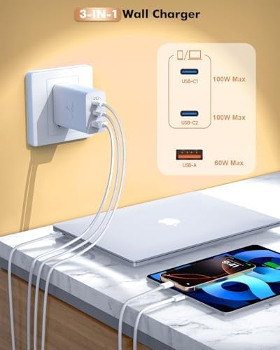 100 W Multi-Port USB-C Fast Charger with 6 FT Woven Cable – Ultra-Fast Power for Mac Book, i Phone 16/Plus/Pro, i Pad 10 & More – Compact & Durable Charging Solution for Home, Office, and Travel
