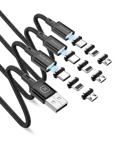 Revolutionize Your Charging with Kuulaa 3 Pack Magnetic Charging Cables – Fast 3 A Power Delivery, 3-in-1 Interchangeable Tips for Lightning, Micro USB & Type-C, Durable Nylon-Braided Design for Ultimate Reliability and Convenience