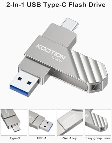 KOOTION 128 GB USB-C Flash Drive – Lightning Fast 450 MB/s Data Transfer, Dual OTG Design for i Phone 15/16 & USB Devices, Durable Metal Swivel Construction for Ultimate Portability and Style