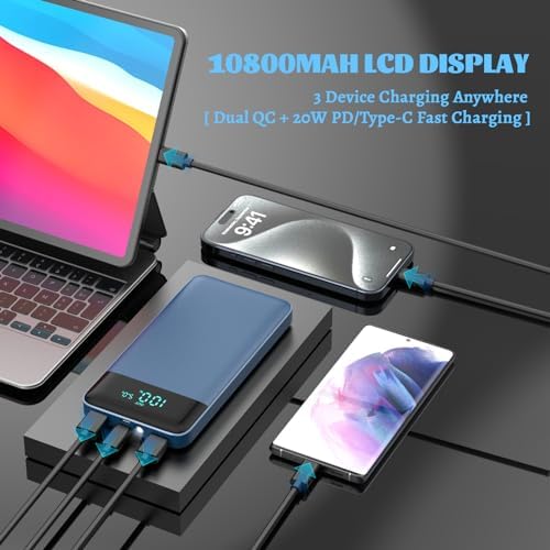 Ultra Slim 10800 m Ah Portable Charger with LCD Display – Fast Charging Power Bank with 20 W PD USB-C Output, Ideal for i Phone 15, 14 & Samsung Android – Compact Power Solution for On-the-Go Charging