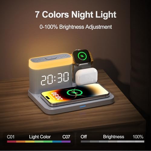 Revolutionize Your Charging Experience with the ANJANK 5-in-1 Wireless Charging Station: Multifunctional Dock for i Phone 16/15/14/13/12 Pro Max, Apple Watch & Air Pods with Adjustable Night Light and Built-In Alarm Clock for Seamless Device Management and Enhanced Ambiance