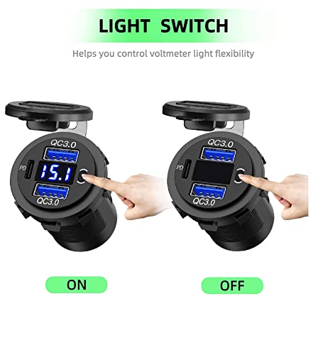 High-Performance 12 V Dual USB Car Charger with Quick Charge 3.0 and USB-C Port – Compact Voltmeter & Power Switch for Enhanced Safety in Cars, Boats, and Trucks – 2 Pack for Fast and Versatile Charging Solutions