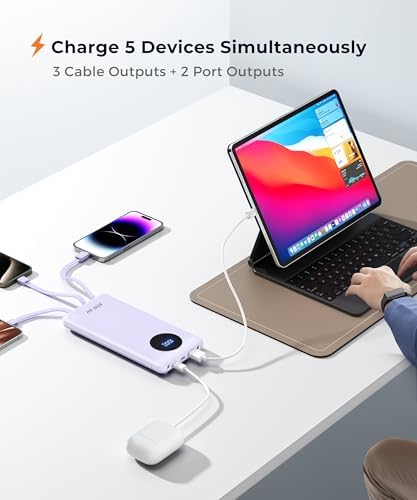 Ultra-Fast Portable Charger with Built-In Cables & LED Display – 10000 m Ah Power Bank for Multiple Devices, 22.5 W Super Speed Charging, Slim Design for Travel & Emergency Use – Compatible with i Phone 16/15/14/13/12, Samsung Galaxy, Google Pixel & More (Purple) – Ultimate Convenience & Safety Features