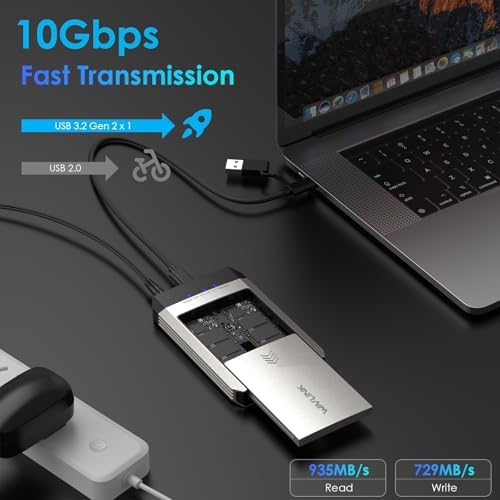 WAVLINK 20 Gbps Dual-Bay M.2 SSD Cloner – Tool-Free NVMe Duplicator for PCIe 2230/2242/2260/2280, Effortless Offline Cloning for Up to 8 TB SSDs, Compatible with AHCI, Streamline Your Data Management with Superior Speed and Efficiency