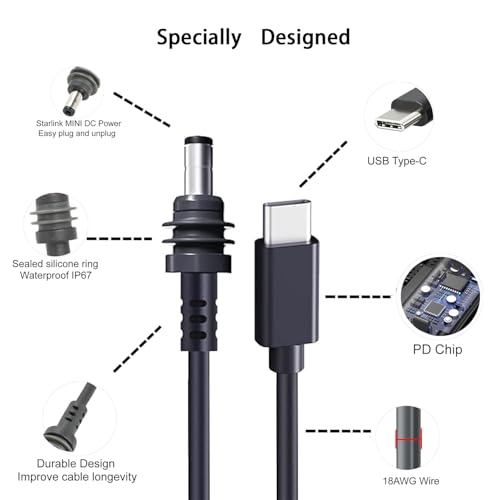 Starlink Mini USB C to DC Power Cable,5M/16.4FT, PD 20V Type C to DC Male Cord, Waterproof,Fireproof,Anti-UV,Compatible with 65W+PD 20V Protocol Power Bank/Source – Enhanced Compatibility and Speed