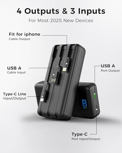 Ultra High Capacity 40,000 m Ah Portable Power Bank with Integrated Cables – 22.5 W PD Fast Charging Solution for i Phone 16/15/14/13, Samsung Galaxy S24/S23/S22/S21 & More – 5 Output Ports & 3 Input Options for Multi-Device Compatibility – Precision LED Display for Real-Time Power Monitoring – Lightweight & Compact Design Perfect for Outdoor Adventures, Travel, Camping, and More – Versatile Backup Battery for Smart Devices Including Tablets, Cameras, and More – Ultimate Charging Convenience Wherever You Go