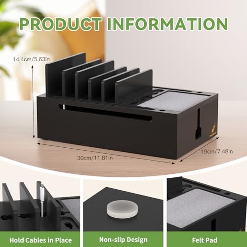 Pezin & Hulin Eco-Friendly Bamboo Charging Station – 10-Port USB Dock Organizer with 6 Cables, Enhanced Power Supply & Cable Management for Multi-Device Charging, Sleek Natural and Black Design for Homes and Offices