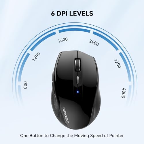 TECKNET Bluetooth Wireless Mouse – Ergonomic 4800 DPI Precision with 6 Adjustable Settings, Long-Lasting 2-Year Battery, and 6 Functional Buttons for Laptops & Windows – Sleek Grey Design for Enhanced Comfort and Productivity